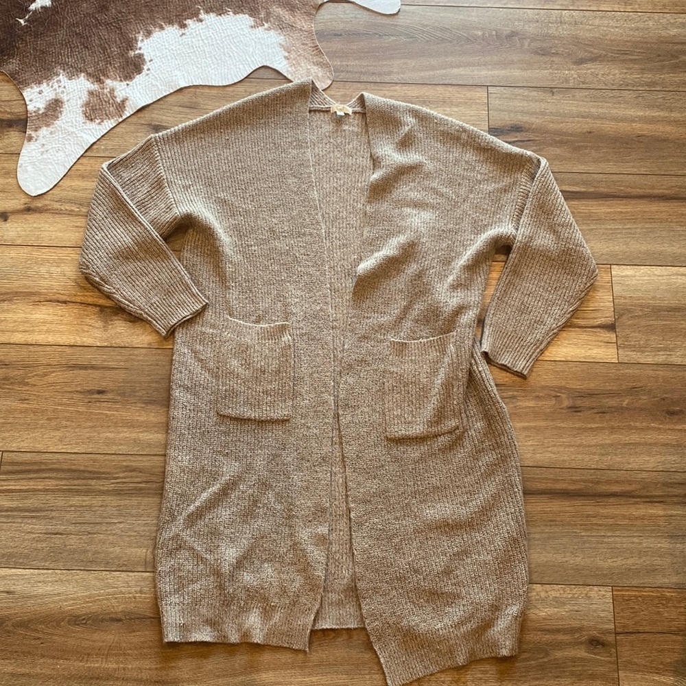 Easel long, open-front knit cardigan in a neutral, tan/beige